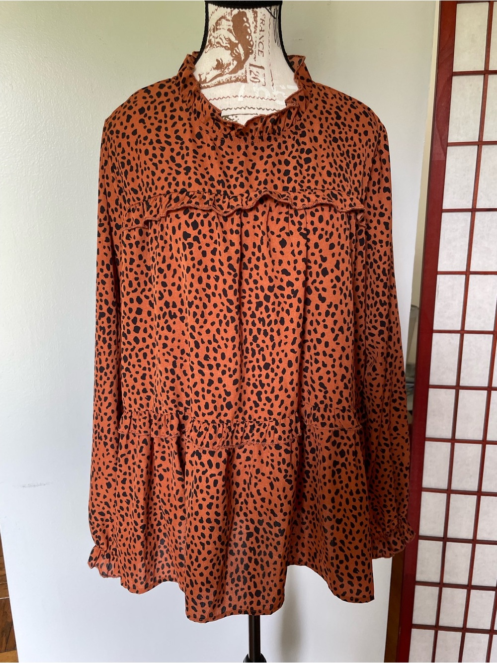 Rust-Colored Cheetah Print Ruffle Neck Blouse, Size L